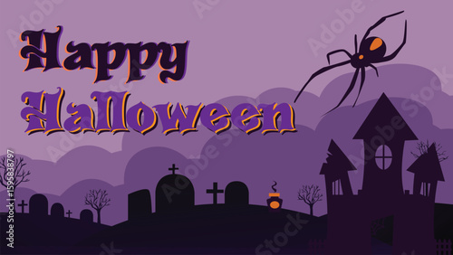 Spooky Happy Halloween Background with Haunted House, Graveyard, and Giant Spider – Vector Illustration