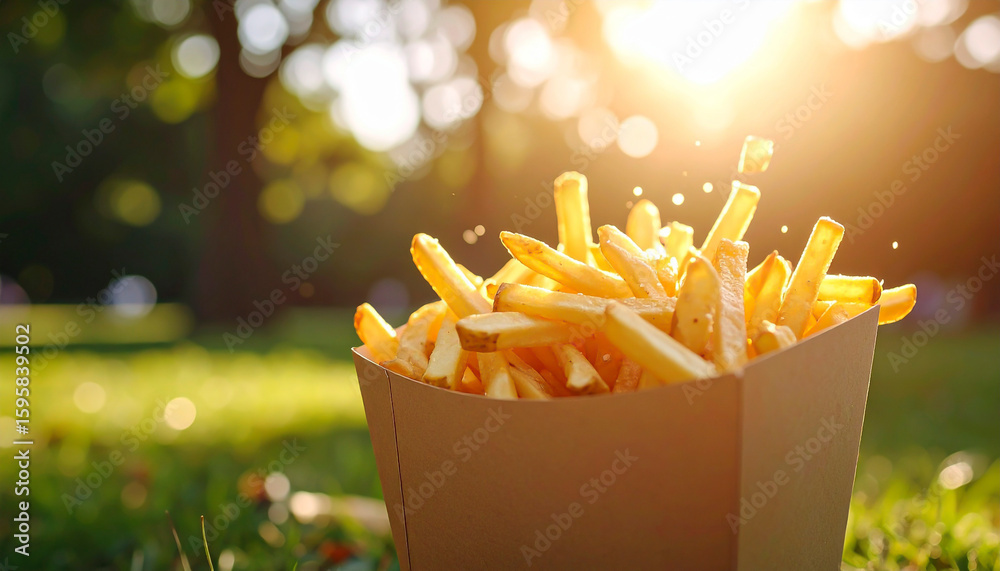 French fries in a cardboard container sit in a grassy field on a sunny day outdoors French fries in a cardboard container sit in a grassy field on a sunny day outdoors