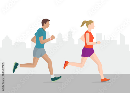 Man and woman on morning jogging stock illustration