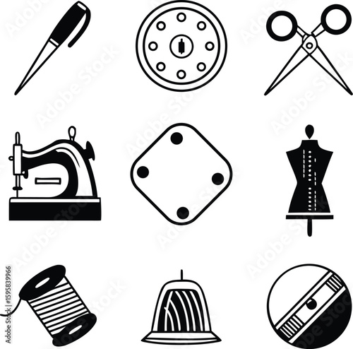 Black and white icons of sewing and crafting tools arranged in a grid needle thread