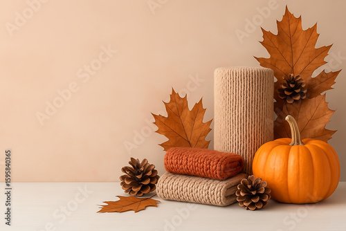 Autumnal Harmony: Pumpkins, Knitted Blanket, and Warm Hues Evoke Cozy Fall Serenity