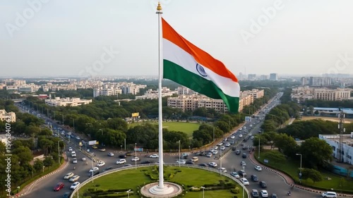 Independence day India Indian flag flies high above roundabout, celebrating freedom. Suitable for patriotic designs, Indian national holidays promotions.