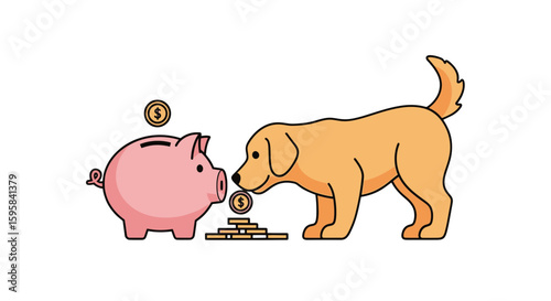 Dog with piggy bank and coins silhouette, financial planning and pets illustration concept
