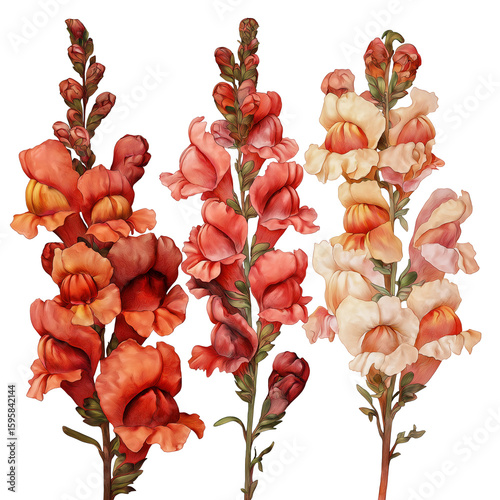 Autumn snapdragons in warm tones of red, coral, and cream, watercolor illustration, white and transparent background.