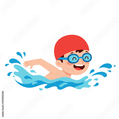 Cartoon illustration of a young boy swimming freestyle with a red cap and blue goggles in blue water.