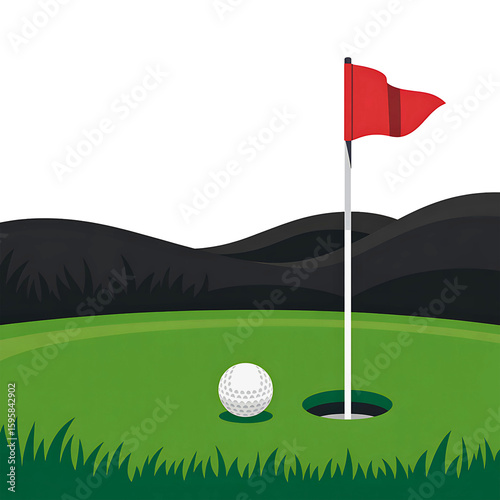 A golf ball rests on the green near the hole with a red flag on a golf course isolated on transparent background