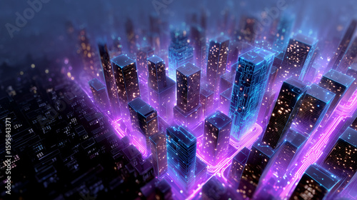  Futuristic Neon City at Night with Digital Grid