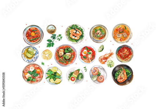 Traditional Thai food dishes in watercolor style, top-down view,