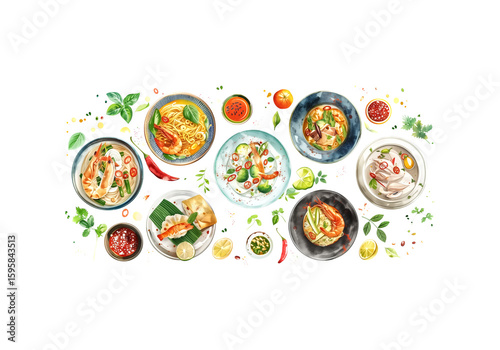 Traditional Thai food dishes in watercolor style, top-down view,