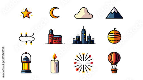 Collection of illustrated icons featuring a star, moon, cloud, mountain, building, and hot air balloon