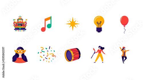 Collection of festive elements including a float music note star lightbulb balloon and people celebrating