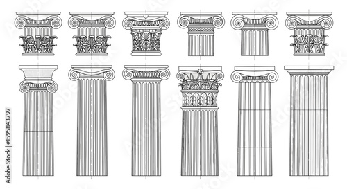 Illustration depicting various styles of classical architectural columns and their capitals in detailed drawings