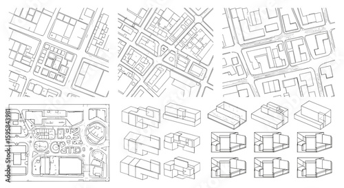 Architectural drawings displaying city layouts and isometric building designs in black and white line art style