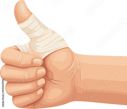 Human hand with thumb up, injured thumb wrapped in bandage, showing positive gesture, healing process, medical care, recovery, support, health, first aid concept, optimistic sign