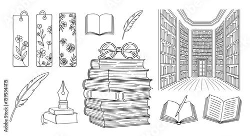 Illustration of a library scene with books, bookmarks, glasses, and writing implements in black and white