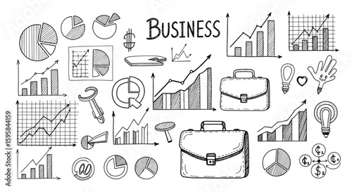 Hand drawn business doodles showing charts graphs and briefcases in black and white sketch illustration