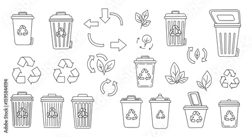 Collection of recycling themed icons featuring recycle bins arrows and leaves in a line art style design