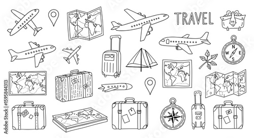 A collection of travel related items including airplanes maps suitcases compasses and other travel icons