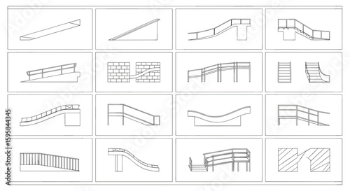 Collection of sixteen architectural line drawings of ramps and staircases with handrails and walls