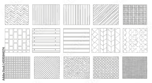 Collection of fifteen rectangular patterns with various line and shape designs in a grid like arrangement