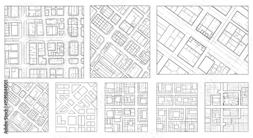Collection of nine black and white city maps showing various urban layouts and street configurations displayed