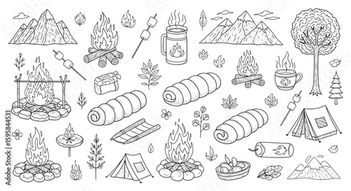 Illustration of camping elements including mountains, campfire, tent, and sleeping bags layout design