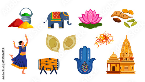 Collection of indian cultural symbols including elephant lotus temple and traditional clothing and food items