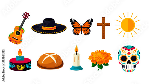 Collection of day of the dead elements including guitar hat butterfly cross sun bread candle and skull art
