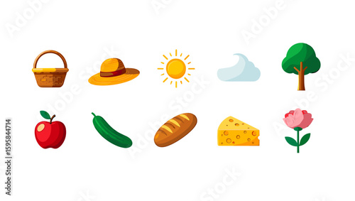 A collection of picnic themed items including a basket, hat, food and nature illustrations