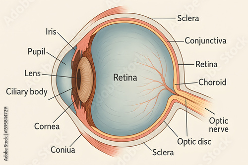 Detailed labeled human eye anatomy cross section illustration, medical education diagram with cornea, iris, lens, retina, optic nerve, labeled internal eye structure for healthcare and biology learnin