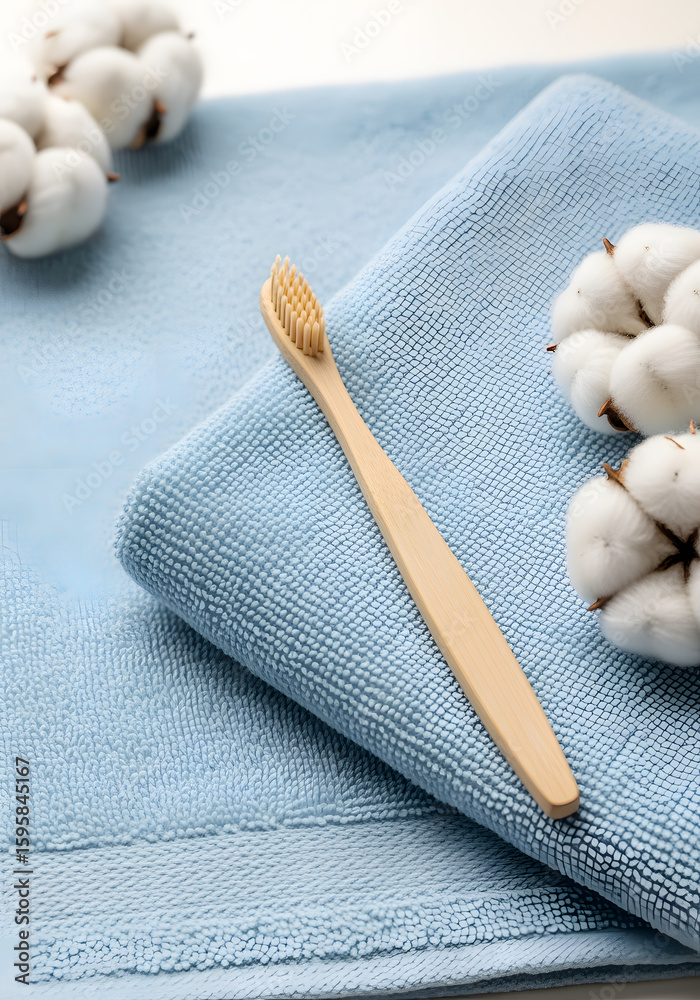 Fototapeta premium Eco-Friendly Bamboo Toothbrush on Soft Towel with Cotton Balls