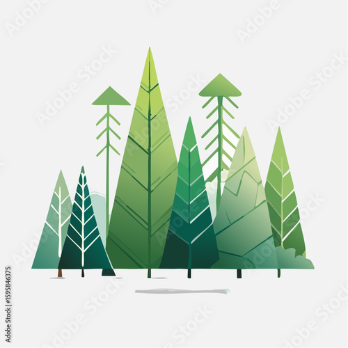 Stylized Forest Geometric Evergreen Trees with Varied Green Hues and Minimalist Design