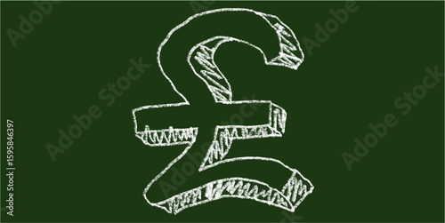 Chalk hand-drawn pound sterling currency symbol on green chalkboard background. Simple doodle vector representing UK, finance, banking, trade, investment, economy, and monetary concepts.