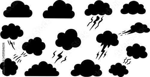 black cloud, different shapes, cartoonish style, smoke-like texture, stench concept, isolated on white background, simple vector art