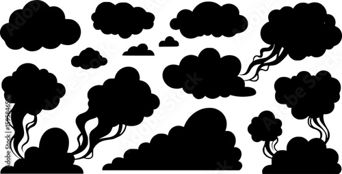 black cloud, different shapes, cartoonish style, smoke-like texture, stench concept, isolated on white background, simple vector art
