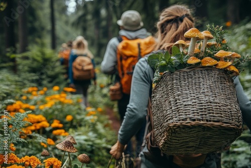 Family walking through a forest meadow, picking mushrooms, herbs, and flowers while foraging for natural resources. This image symbolizes the connection between family and nature, Generative AI
