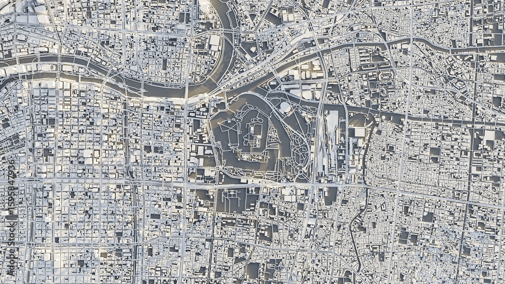 Obraz premium 3D render map of Osaka cityscape. 3D illustration of a top view of Osaka, Japan.