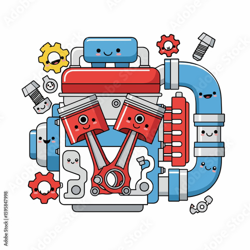 A cartoon illustration of an internal combustion engine with anthropomorphic features.