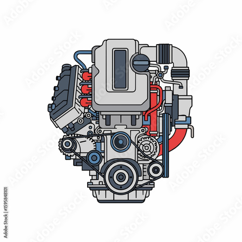A cartoon illustration of an internal combustion engine with anthropomorphic features.