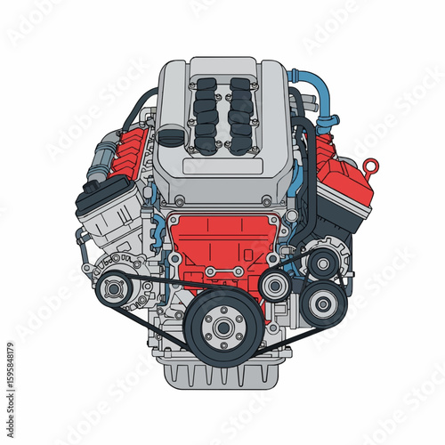 A cartoon illustration of an internal combustion engine with anthropomorphic features.