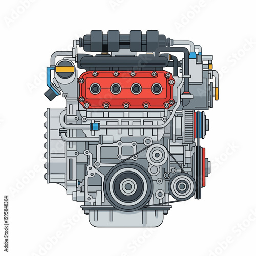 A cartoon illustration of an internal combustion engine with anthropomorphic features.
