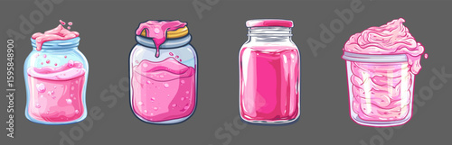 Four colorful pink slime in glass bottles on a gray background