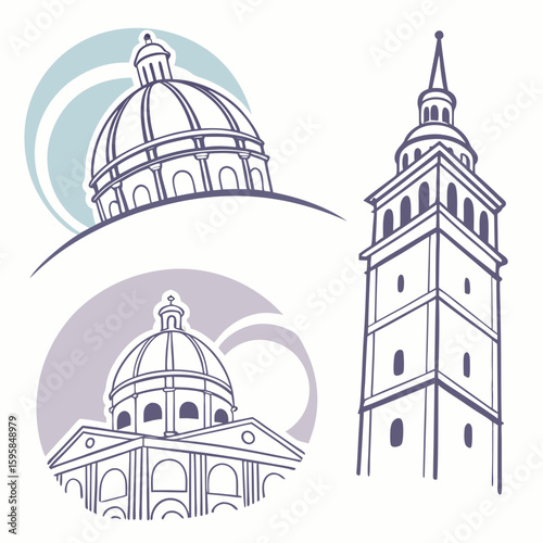 Architectural Domes and Tower with Purple and Blue Accents architecture building