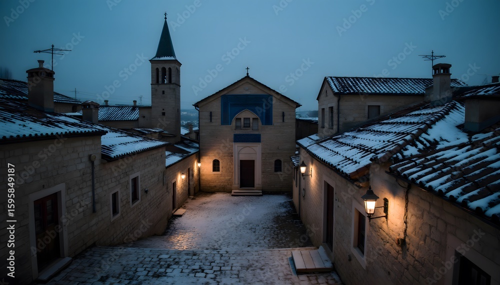 Obraz premium Quiet Evening in an Urban Village with Snow-Covered Streets and Glowing Lanterns