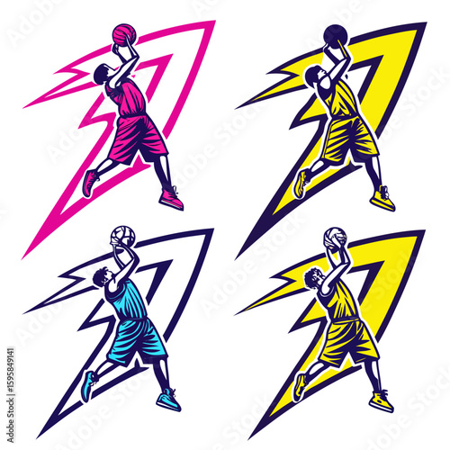 Basketball players shooting with vibrant lightning bolt graphics action sport