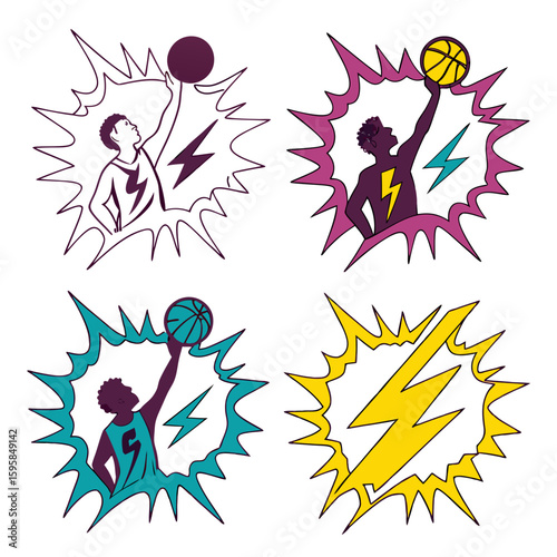 Basketball players with lightning bursts dunk action