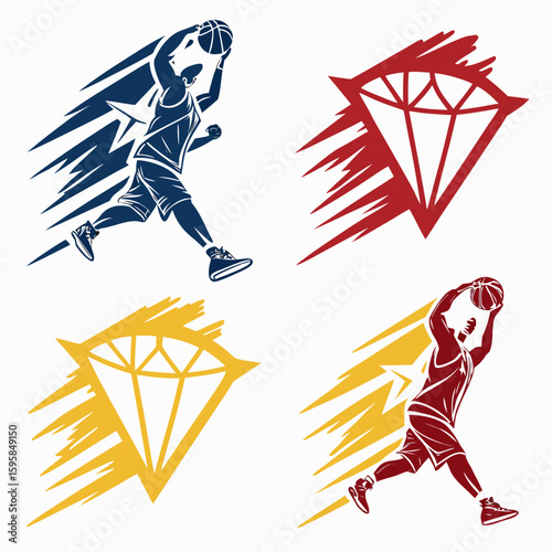 Basketball players with dynamic diamond shapes dunk sports
