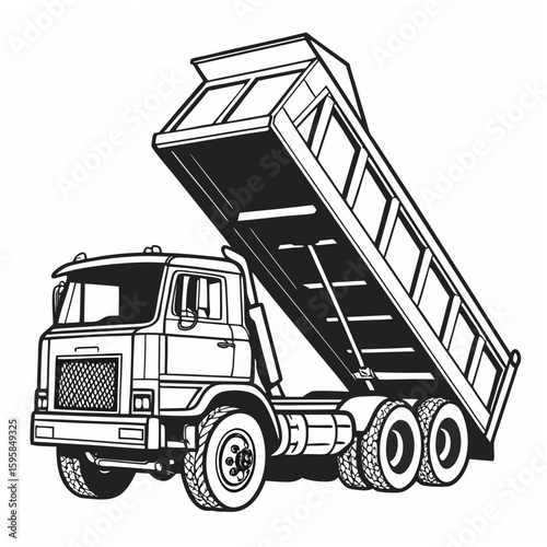 Black and white dump truck with raised bed construction vehicle heavy equipment