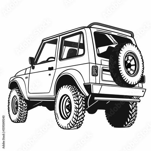 Black and white illustration of a rugged four wheel drive vehicle off road