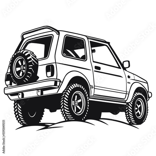 Black and white illustration of a rugged off road vehicle four wheel drive tires